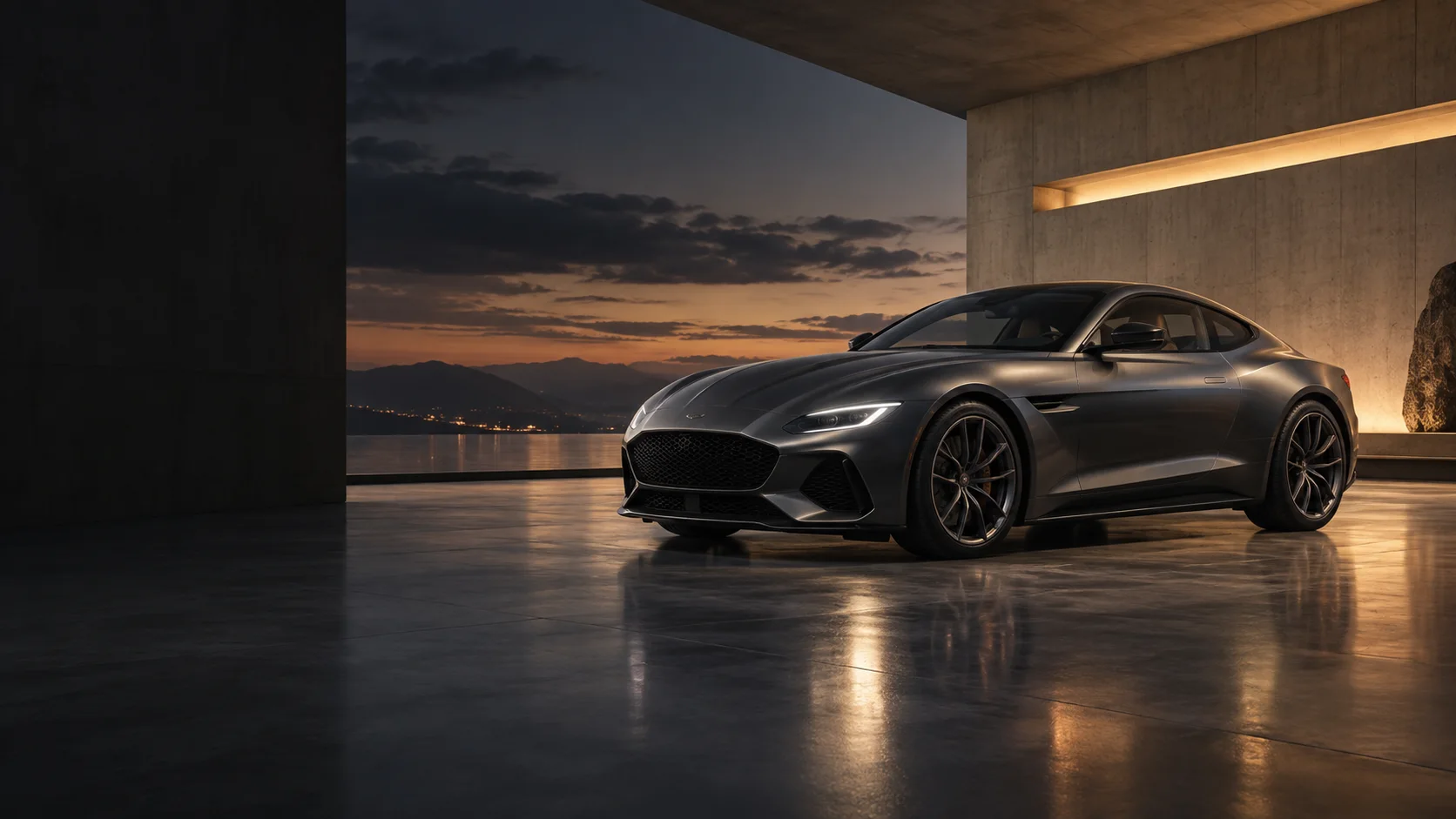 Illustrative graphite sports coupe in a softly lit architectural showroom